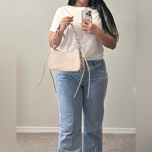 Cream crocodile faux leather Kez Laced Baguette Bag